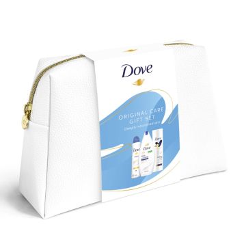 Dove Original Део спрей 150 мл + Dove Body Love Essential Care Подхранващ лосион 250 мл + Dove Deeply Nourishing Подхранващ душ гел 250 мл Комплект за тяло за жени