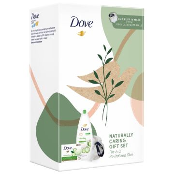Dove Refreshing Хидратиращ душ гел  250 мл + Dove Refreshing Овлажняващ крем-сапун 90 гр + Гъба за баня Комплект за тяло за жени