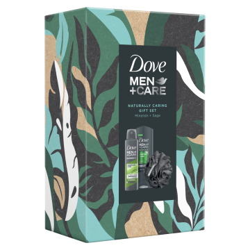 Dove Men+ Care Elements Minerals + Sage Део спрей 150 мл + Dove Men+ Care Minerals + Sage Душ гел за лице и тяло 250 мл + Гъба за баня Комплект за мъже