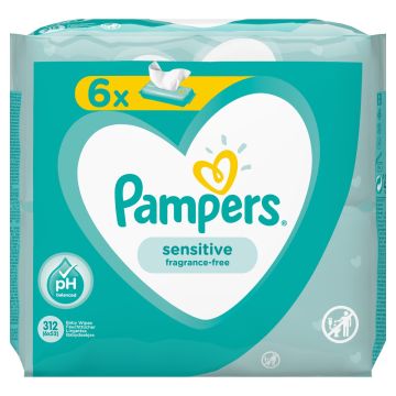 Pampers Sensitive Fragrance Free Бебешки мокри кърпички 6x52 бр