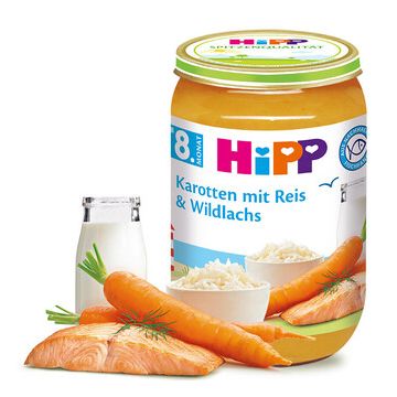 Hipp био пюре моркови с ориз и дива сьомга 8М+ 220 гр