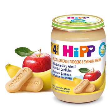 Hipp био пълнозърнеста каша ябълки, банани и бисквити 4М+ 190 гр
