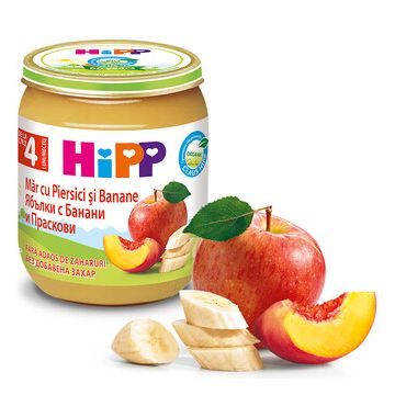 Hipp био пюре ябълки, банани и праскови 4М+ 125 гр
