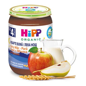 Hipp био млечна каша "Лека нощ" с грис, ябълки и круши 4М+ 190 гр