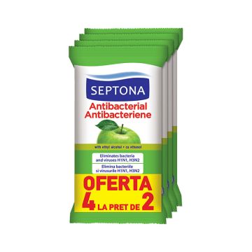 Septona Antibacterial Антибактериални мокри кърпи за ръце с аромат на зелена ябълка 2+2 х15 бр