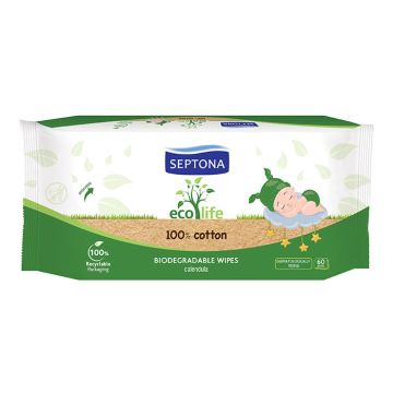 Septona Eco Life 100% cotton biodegradable Бебешки мокри кърпички от 100% органичен памук 60 бр