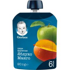 Nestle Gerber Ябълка и манго Пюре Пауч 6М+ 90 гр